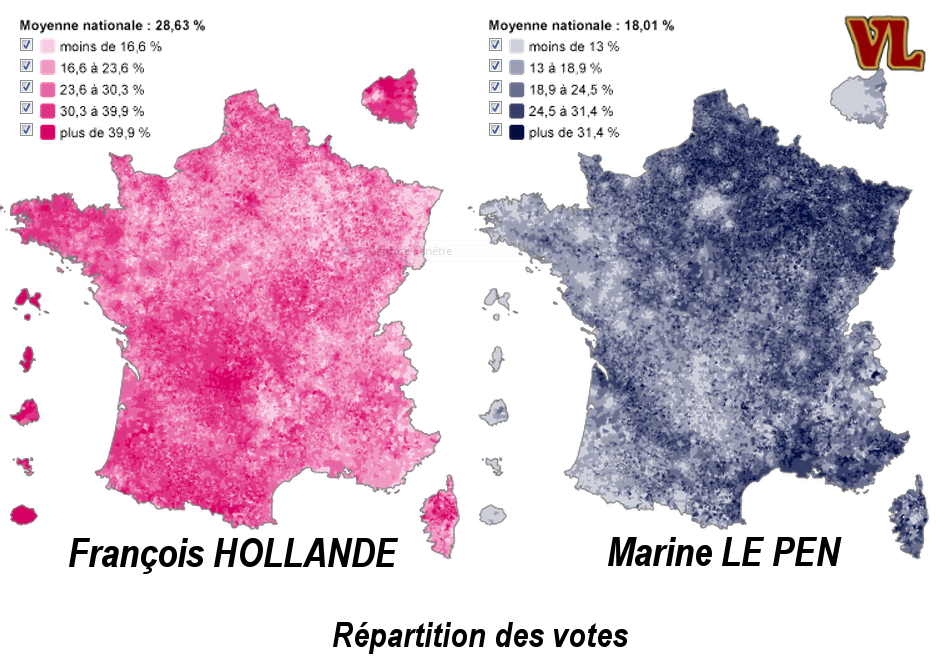 comparatif des résultats de françois hollande et marine le pen. les cartes sont pratiquement symétrique